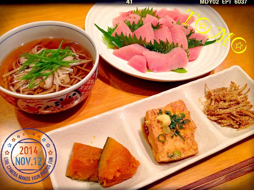 今日の晩ご飯                                ☆まぐろのお刺身                       ☆きのこ蕎麦                               ☆かぼちゃの煮物                     ☆絹あげ生姜醤油                 |TOMOさん
