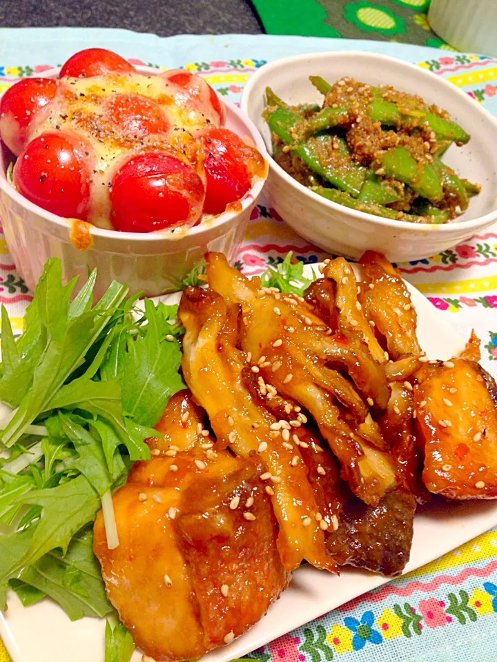 鮭と舞茸のオイスターソース照り焼き・ミニ🍅のオーブン焼き・モロッコいんげんの胡麻和え|がぁがさん