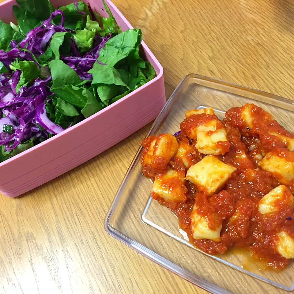 Homemade gnocchi with chunky tomato sauce and a side spinach, lettuce and purple cabbage salad|victoria valerioさん