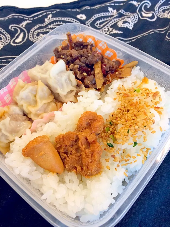 久々のお弁当  煮たらこ、焼売、牛蒡と牛肉のピリ辛甘煮|Satomi Ichikawaさん