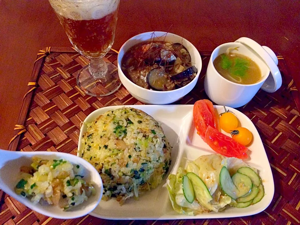 Snapdishの料理写真:Today's Dinner🍴麻婆茄子豆腐･焼豚韮玉炒飯･もやしのｽｰﾌﾟ|🌈Ami🍻さん