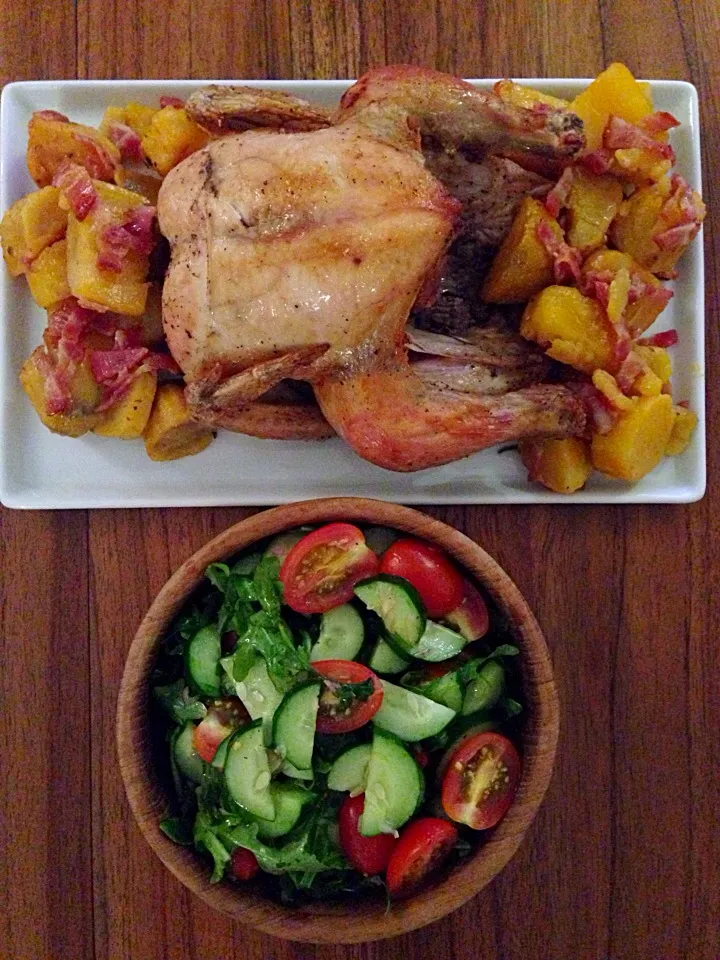 Rosemary roast chicken, roasted sweet potatoes and rocket, tomato, cucumber salad|karen limさん