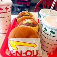 In N Out Cheeseburgers with milkshakes, San Francisco,CA, USA.  I'm not a big fan of fast food burgers but In N Out burgers are different b/c they taste very fr