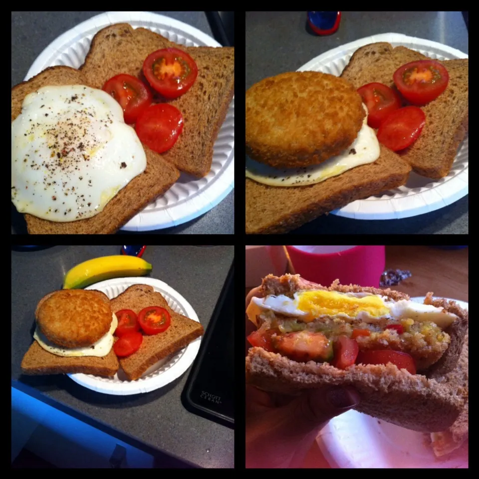 The making of a beautiful hot sandwich - fried egg with pepper, tomatoes, veggie burger on toasted bread!|🍓Jolejo🍓さん