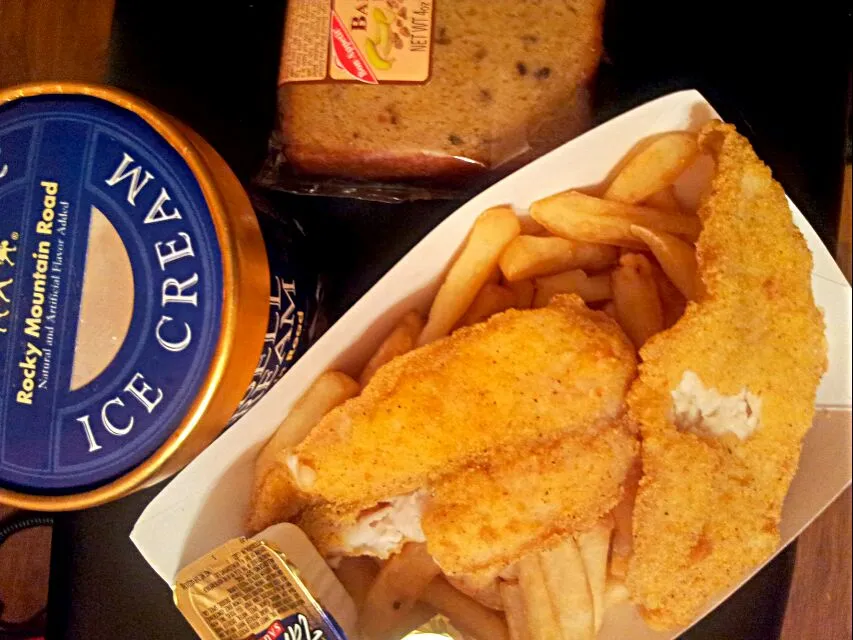 Snapdishの料理写真:So Looks Like I Have The Munchies 😋 😋 😋 My Favorite Catfish with French Fries 🍟 Banana Bread & Blue Bell Rocky Mountain Ice Cream #Snack #Fish #Dessert #Cake/Pi|Alisha GodsglamGirl Matthewsさん