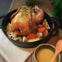 Whole roasted chicken with root vegetables and yuzu miso butter sauce