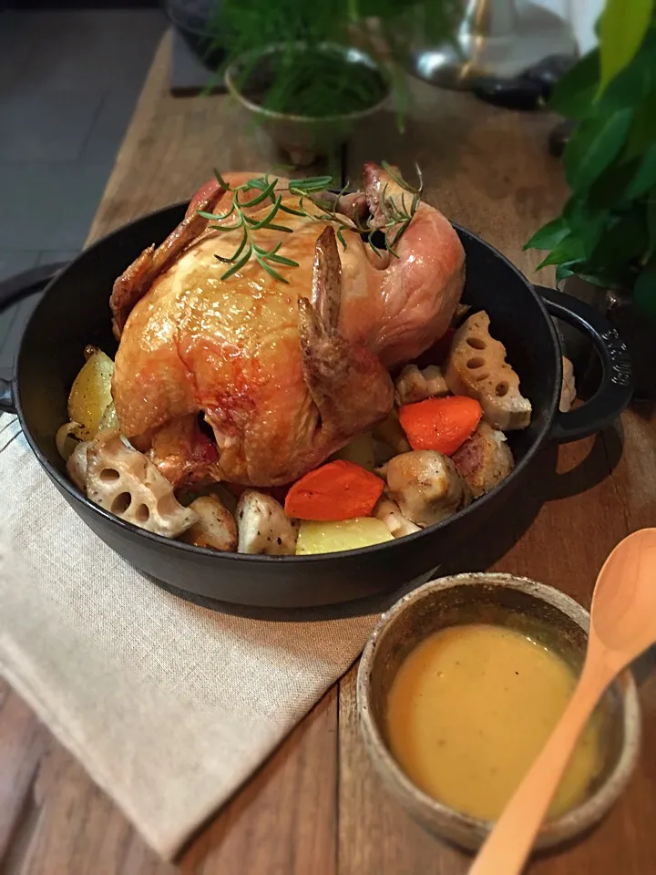 Whole roasted chicken with root vegetables and yuzu miso butter sauce|rick chanさん