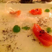 Quick cured salmon with lemon s ow, pine needle roe in an ice sphere|cari gennarelliさん