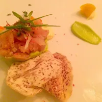 Snapdishの料理写真:Yellowtail tartare with Avacado purée. Ikura cones and taro crisps with spicy aioli pink peppercorns and lemon thyme.  Red sorrels and micro greens.|cari gennarelliさん