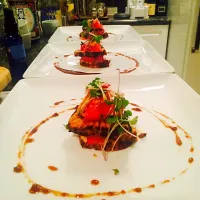 Seared yellow fin with fried shallot and chili rub with grapefruit sections, pork cracklings micro greens and black pepper caramel|cari gennarelliさん