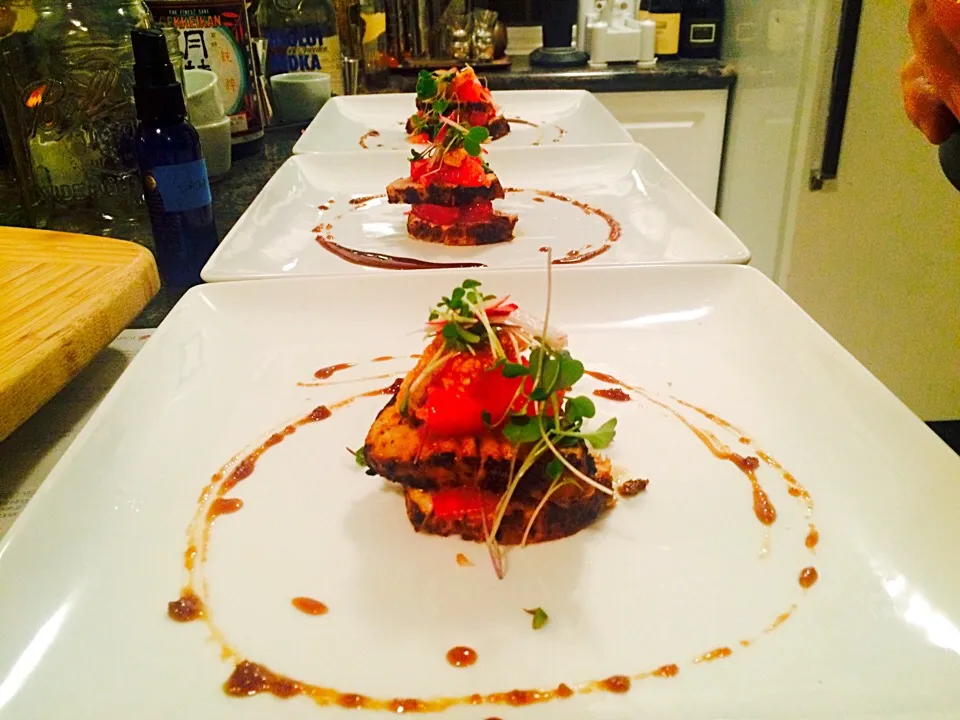 Snapdishの料理写真:Seared yellow fin with fried shallot and chili rub with grapefruit sections, pork cracklings micro greens and black pepper caramel|cari gennarelliさん