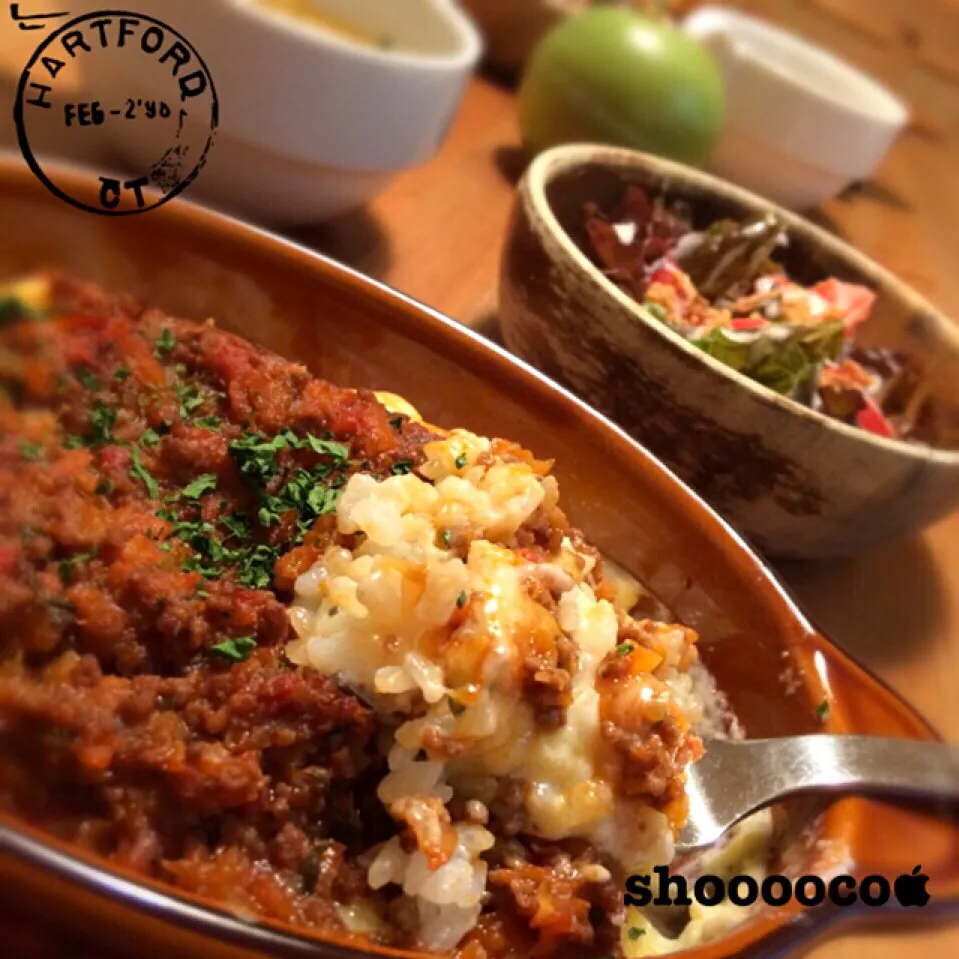 サイゼリ○の。ミラノ風ドリアを食べながらむぃこは『久しぶりにピーマンの肉詰め食べたい❤︎』『わかった！』と言った件。|shoooocoさん