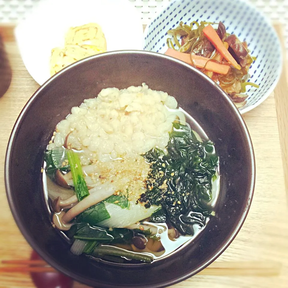 カトキチのうどん、昆布としいたけの煮物、だし巻き卵|けむまきさん