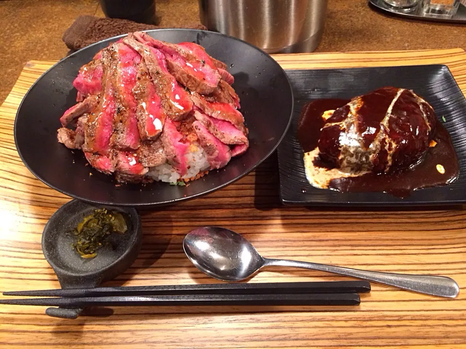 京都 西院 佰食屋さんのステーキ丼ダブルとハンバーグ|caliswangin0748さん