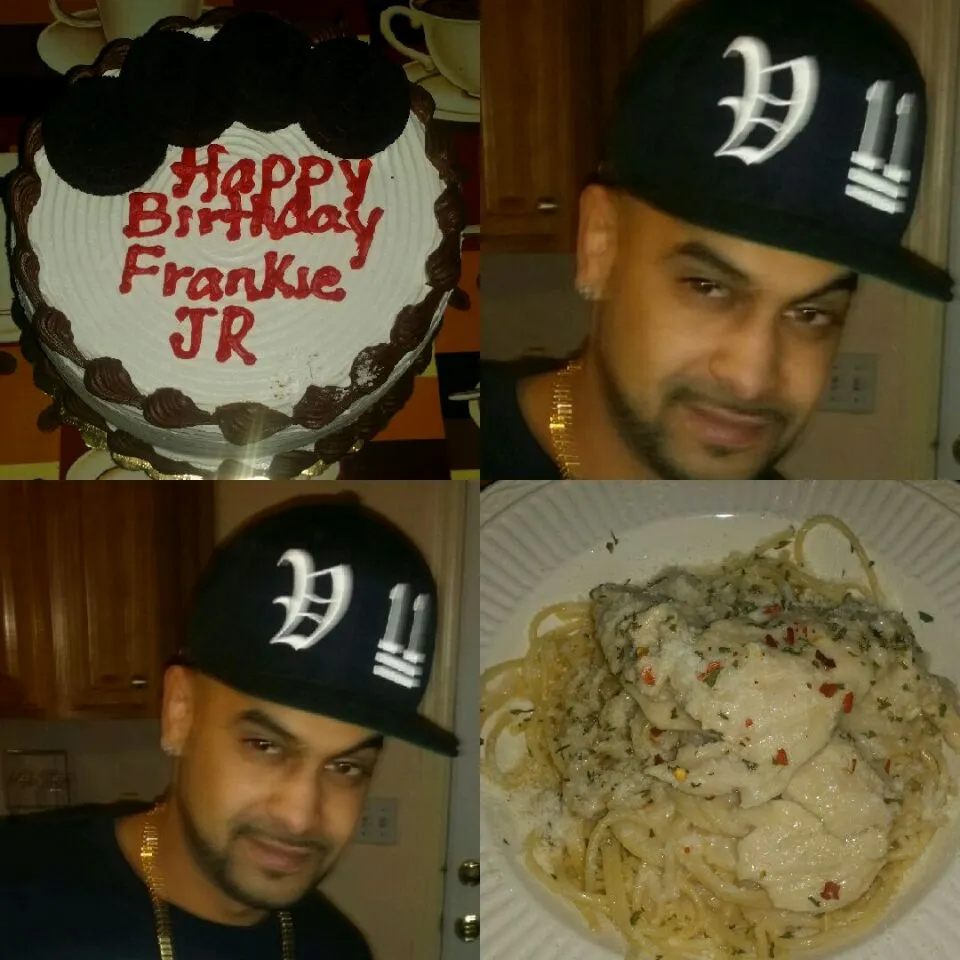 My son enjoying ONE of his favorite meal  made by MOM.. and dessert to follow.
Lemon Chicken with pasta.... DELIGHTFUL. .
& Oreo  cookies & cream cake.|Frank Ortizさん