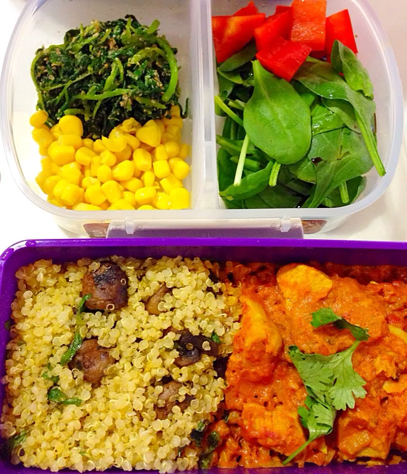 Snapdishの料理写真:Today's lunch consist of mushroom quinoa with butter chicken, served with colorful vegetables 😃|coxiella24さん