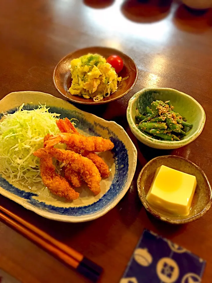 エビフライ ポテトサラダ いんげん胡麻和え たまご豆腐|まりもさん