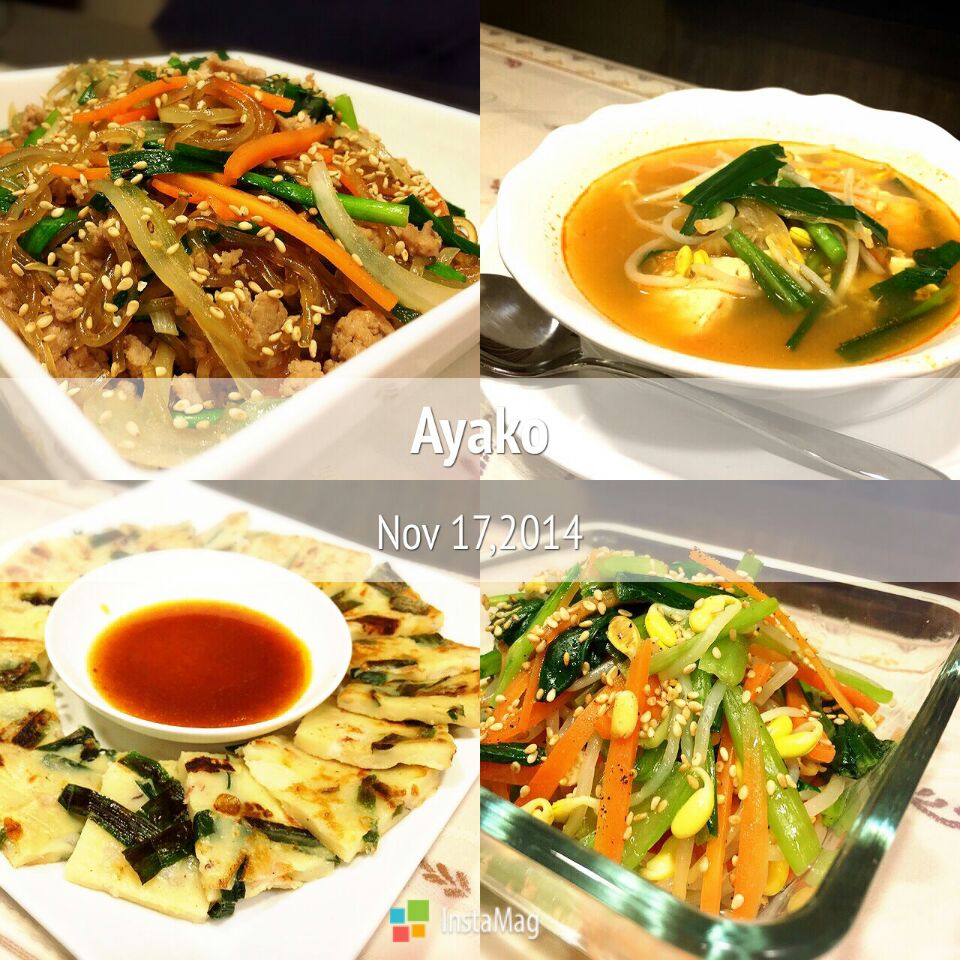 チャプチェ、韓国チゲスープ、ニラチヂミ、小松菜のナムル