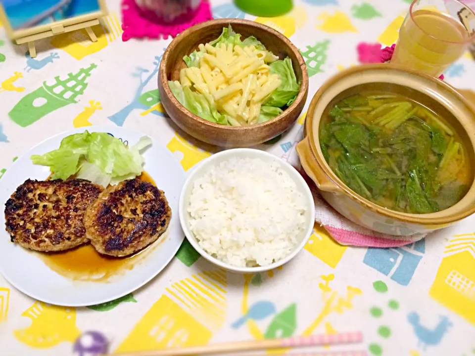 豆腐ハンバーグ、味噌チゲスープ、マカロニサラダ|makiさん