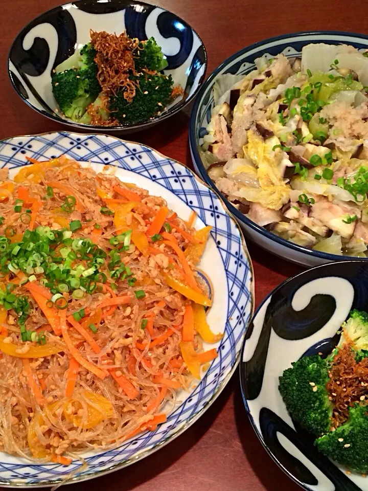 麻婆春雨、豚肉と野菜のサンド蒸し焼き、ブロッコリーのじゃことごま油のジュッとがけ|hannahさん