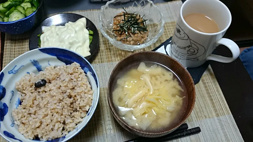 納豆＆ほうれん草のチーズ＆キャベツの味噌汁|まぐろさん