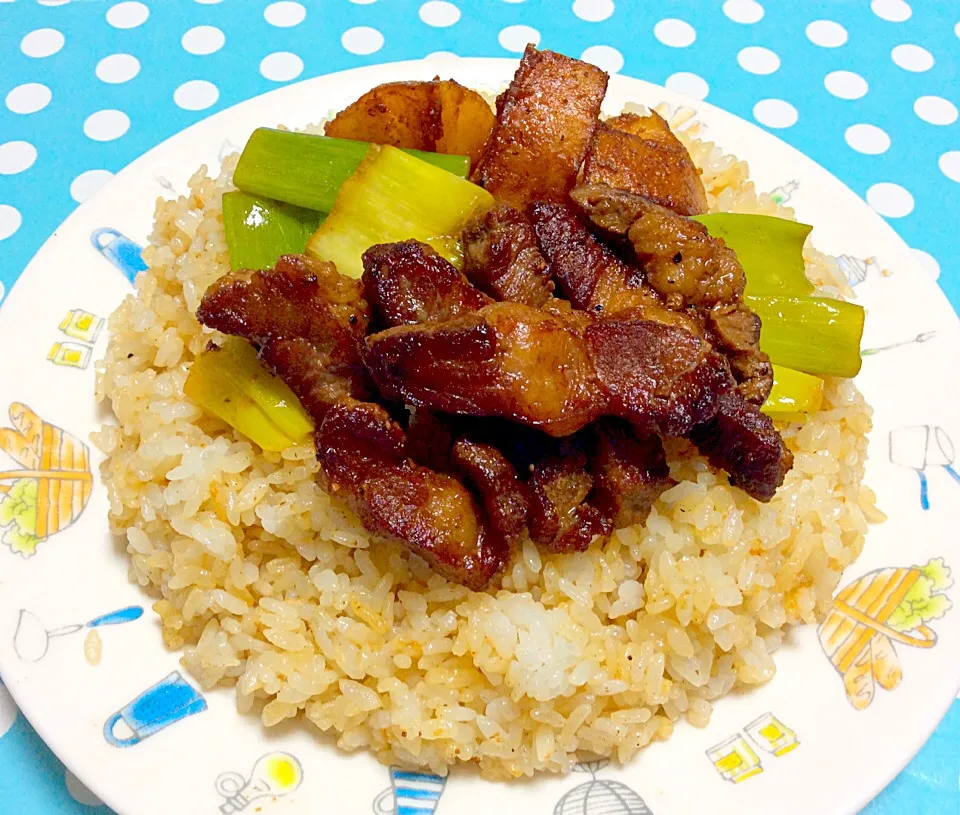 Fried Beef in soy sauce with sliced long onion & potato on fried rice 😍😋✨|Liezlさん