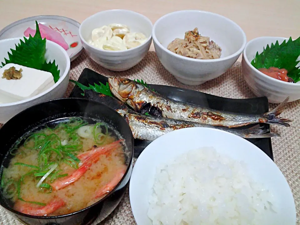 【今日の猫まんま】鰯の丸干し、冷奴、黒毛和牛の卵とじ、イカの塩辛、甘海老の味噌汁、温海蕪、バナナとリンゴのサラダ。|梨花さん