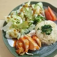 Snapdishの料理写真:ある日の夕飯♪炊飯器にお任せシンガポールチキンライス♪|きよパンダさん