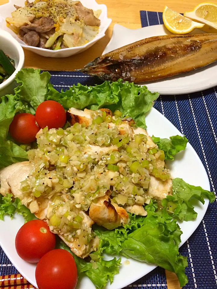 Snapdishの料理写真:ネギ塩チキン、秋刀魚の味醂干し、白菜と豚肉の塩バター煮|misakiさん