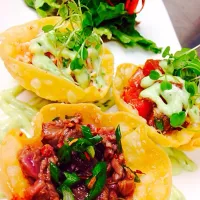 Snapdishの料理写真:Trio wonton app: beef kelaguen  big eyed ahi tuna poki and shrimp ceviche'|Fred Matiasさん