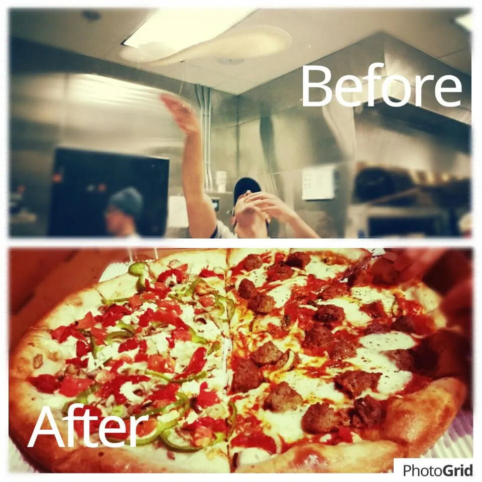 Snapdishの料理写真:We watched our pizza being made by a handsome guy at Dewey's Pizza.  Half meatball pizza and half Billy goat (veggies with goat cheese).|Jihollandさん