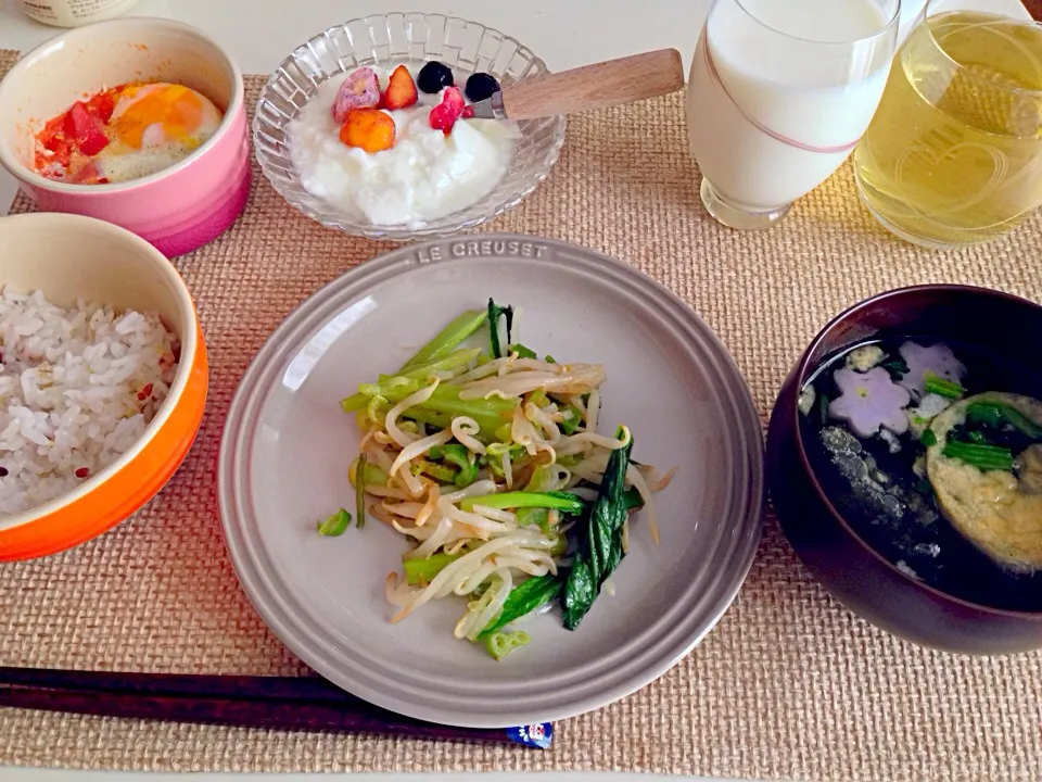 もやし小松菜ネギの炒め物 トマト入りココット お吸い物 ヨーグルト 牛乳|にゃろめさん