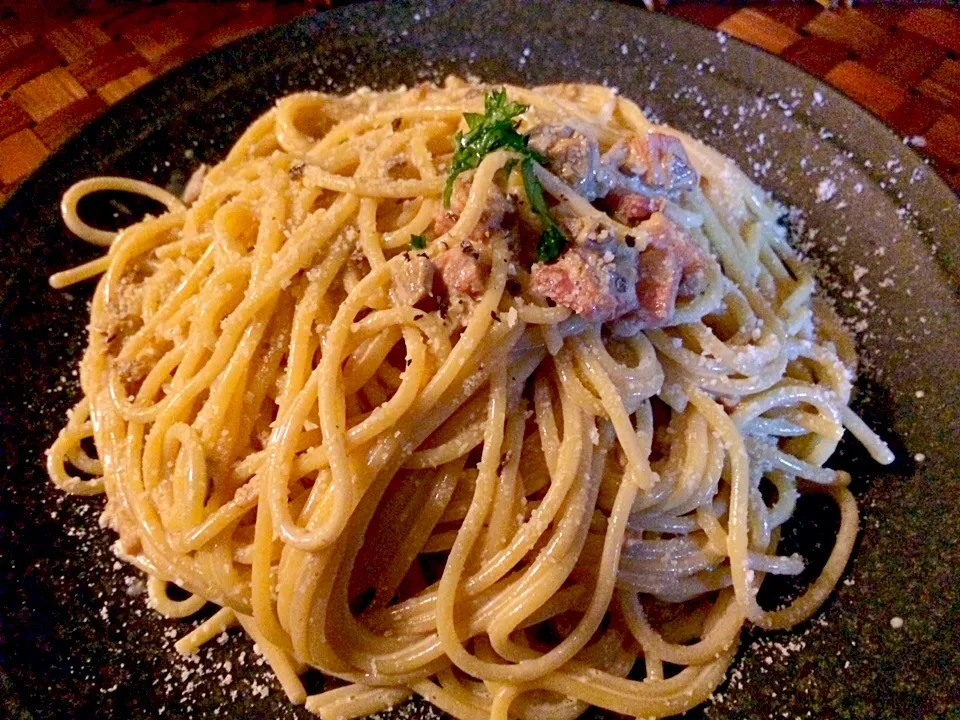 Tagliolini con prosciutto crudo e crema di porcini🍄ﾊﾟﾝﾁｪｯﾀとﾎﾟﾙﾁｰﾆのｸﾘｰﾑﾊﾟｽﾀ|🌈Ami🍻さん