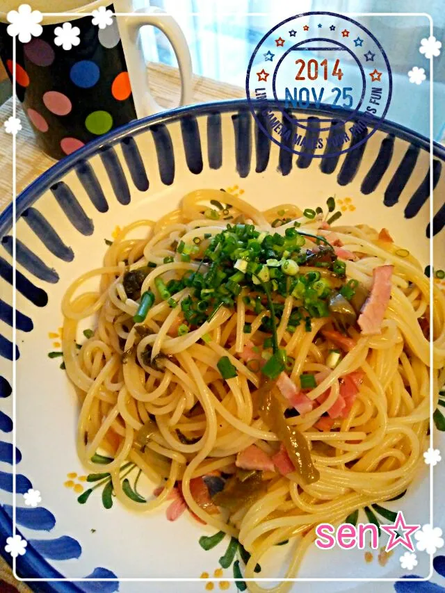 今日のランチ🎵ベーコンと高菜の和風パスタ|SEN☆さん