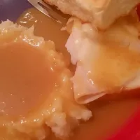 open faced turkey and provolone cheese with mashed potatoes and gravy|Shin SooMinさん