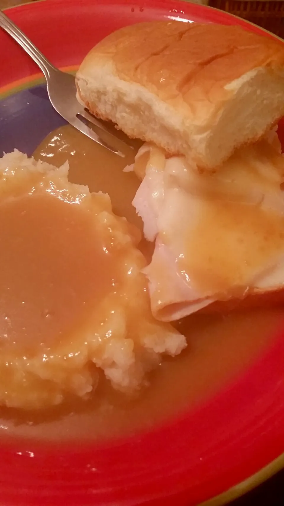 open faced turkey and provolone cheese with mashed potatoes and gravy|Shin SooMinさん