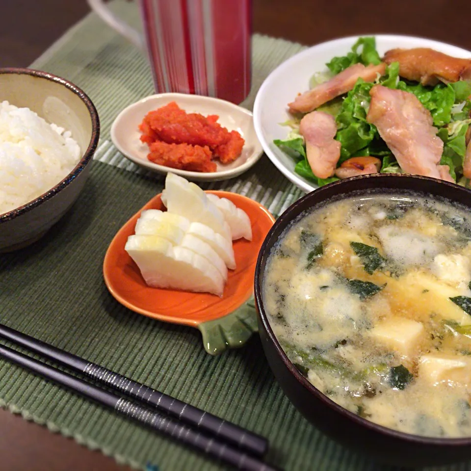 明太子 チキンサラダ 味噌汁|さるさん