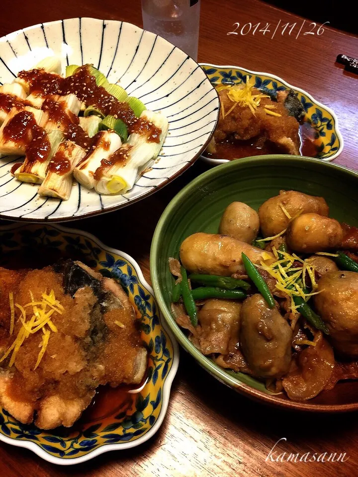 鯖のみぞれ煮・里芋と豚バラの煮ころがし・焼き下仁田ねぎの田楽|かまさん