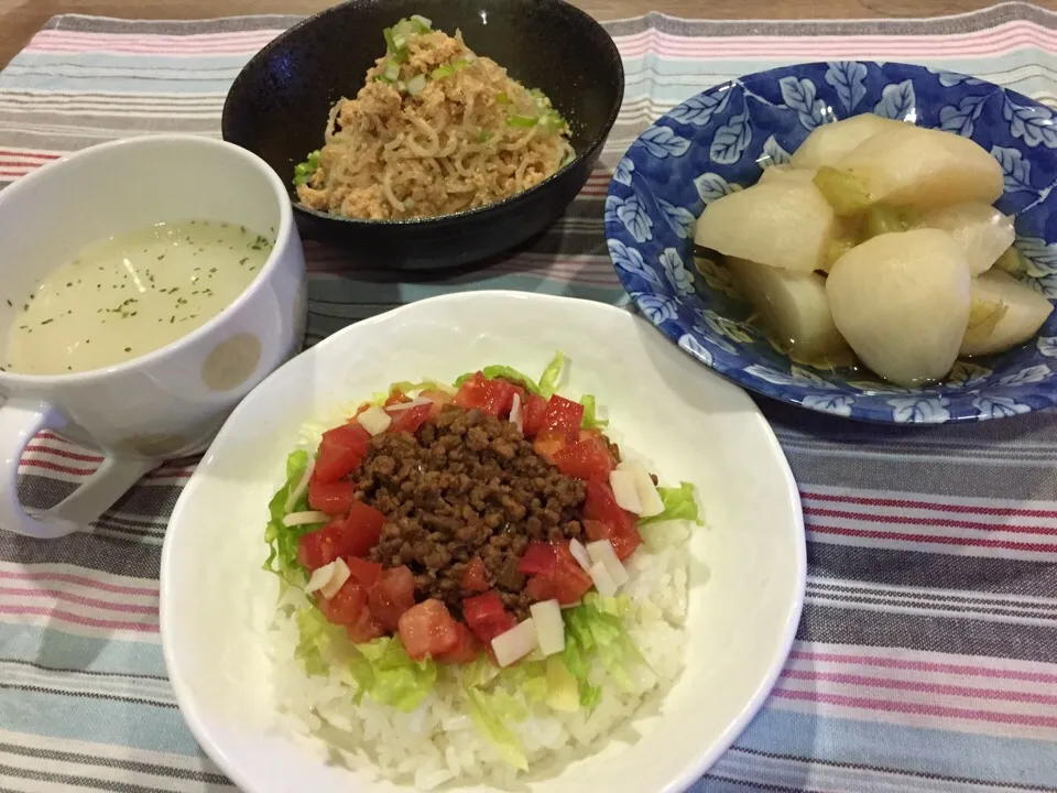 タコライス・タラの子あえ煮・かぶ和風ダシ煮・ゴボウのポタージュ|まーままさん