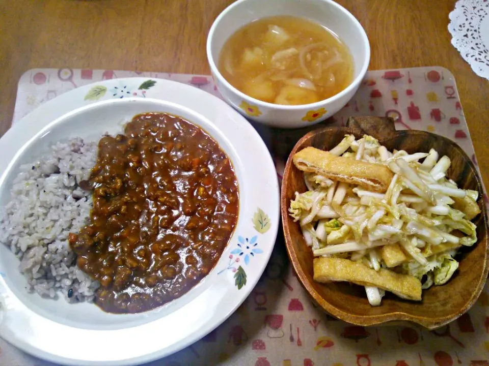 11月２２日 ひき肉カレー 白菜の和風コールスロ野菜スープ|いもこ。さん