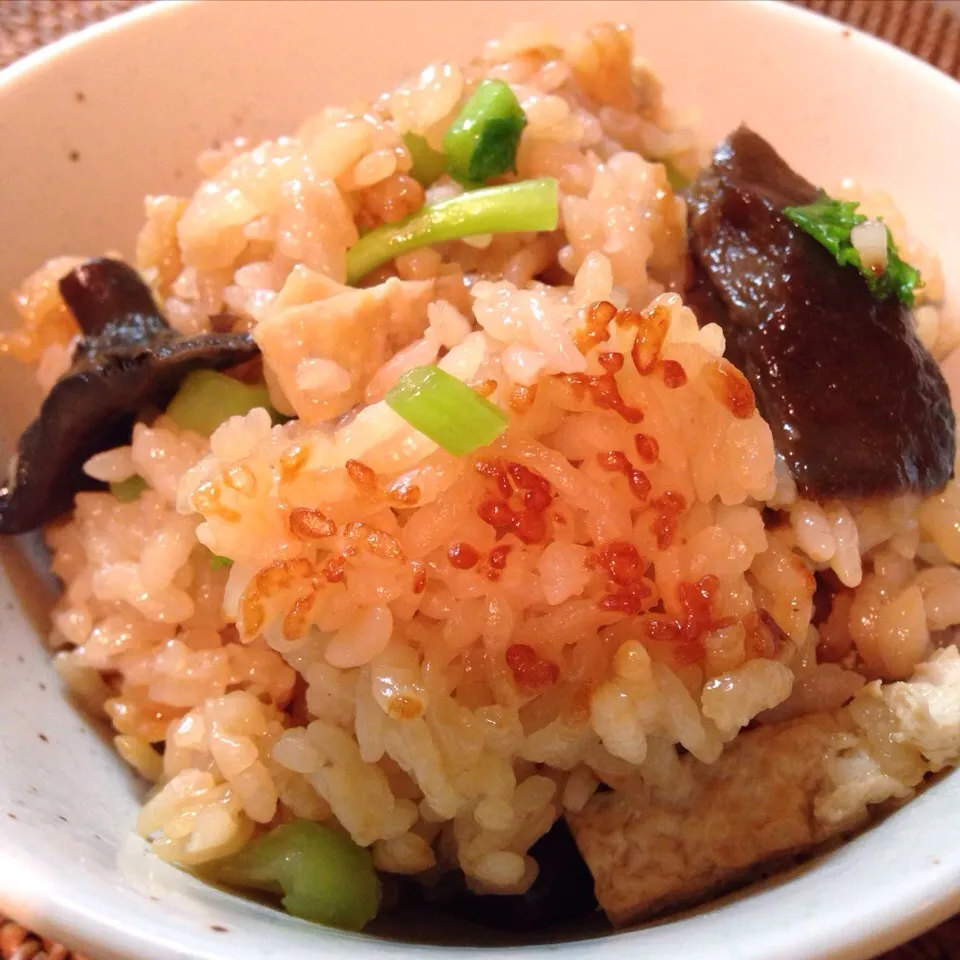 お友達から頂いたキノコ（ハツ）の水煮と薄揚げ、かぶら菜で炊き込み御飯♬|黒パグ.ヨシコさん