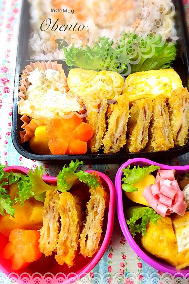 今日のお弁当。豚とチーズのミルフィーユカツ、♡卵焼き、ニンジンと安納芋のグラッセ、花ハム、マフィン。|72roseさん