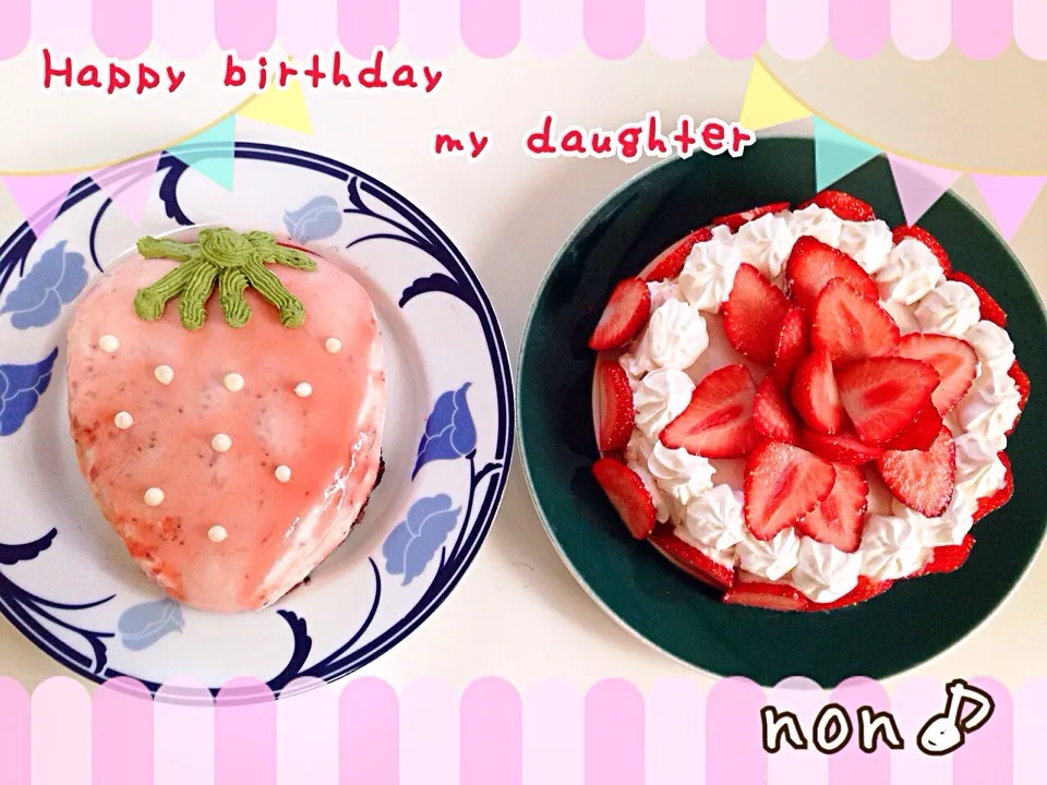 Snapdishの料理写真:娘5歳と義姉のバースデーケーキ🎂苺のヨーグルトケーキ🍓|nonさん