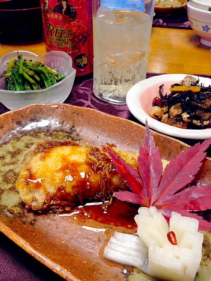 鰤照り・ひじき煮・ほうれん草胡麻和え|まゆさんさん