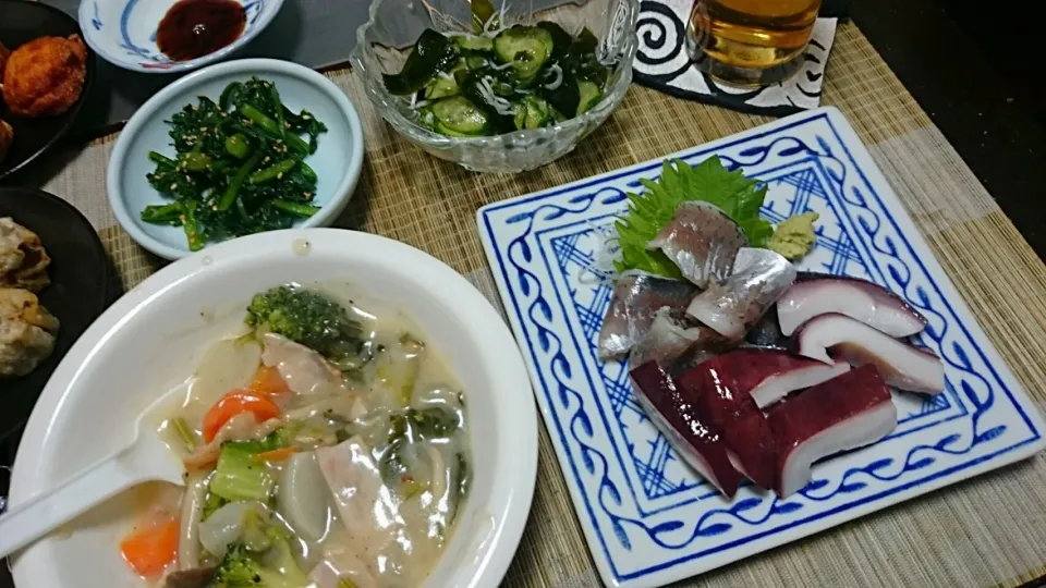 Snapdishの料理写真:あじす＆タコ頭＆かふのシチュー＆酢の物＆春菊のごま和え|まぐろさん