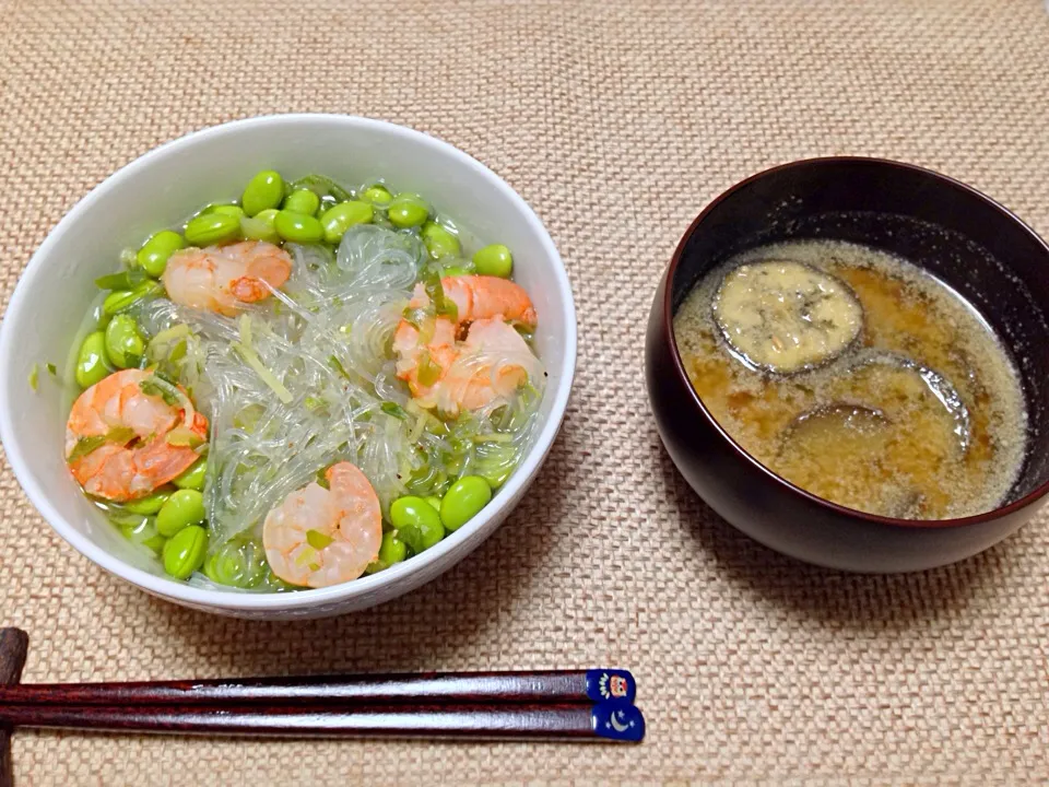 アジアン春雨 茄子の胡麻味噌汁|にゃろめさん