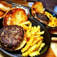 Snapdishの料理写真:Burgers with American Cheese & Blue Cheese Crumbles Served in Vintage Cast Iron|The Culinary Fanaticさん