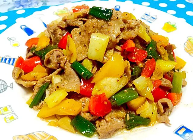 Snapdishの料理写真:豚肉と長ねぎと赤と黄色パプリカの炒め物 - Pork, long onion, red & yellow pepper stir fry 😋✨|Liezlさん