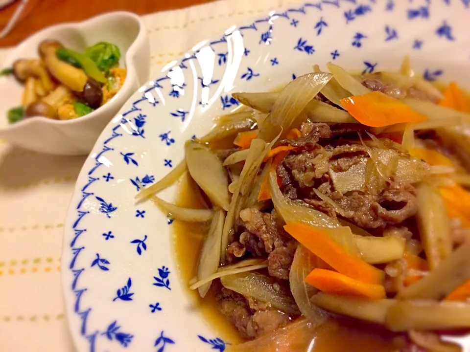 牛蒡と牛肉のすき煮、レタスとシメジの卵炒め|あんなさん