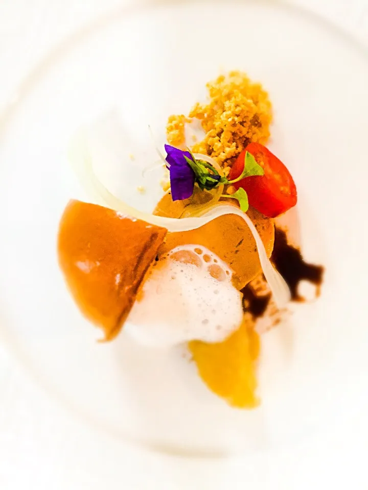 Foie gras terrine, brioche, Parmesan crumble, sweet red wine cream, truffle foam.|chef louisさん